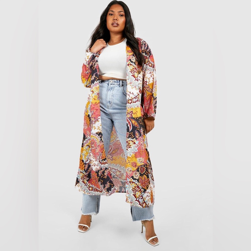 Boohoo PLUS PAISLEY LONG SLEEVE MAXI KIMONO Women’s Size 12 Open Front